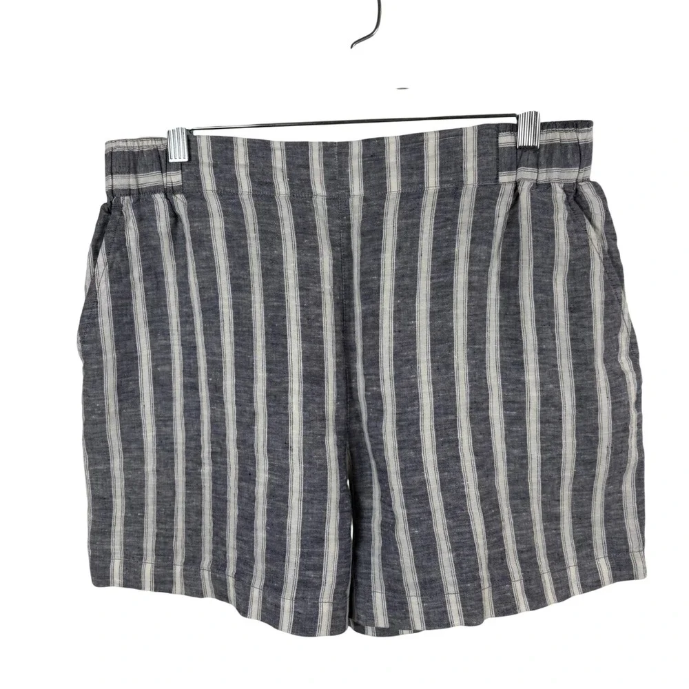 Christian Siriano Linen Shorts Womens L Navy White Striped Elastic Waist Coastal